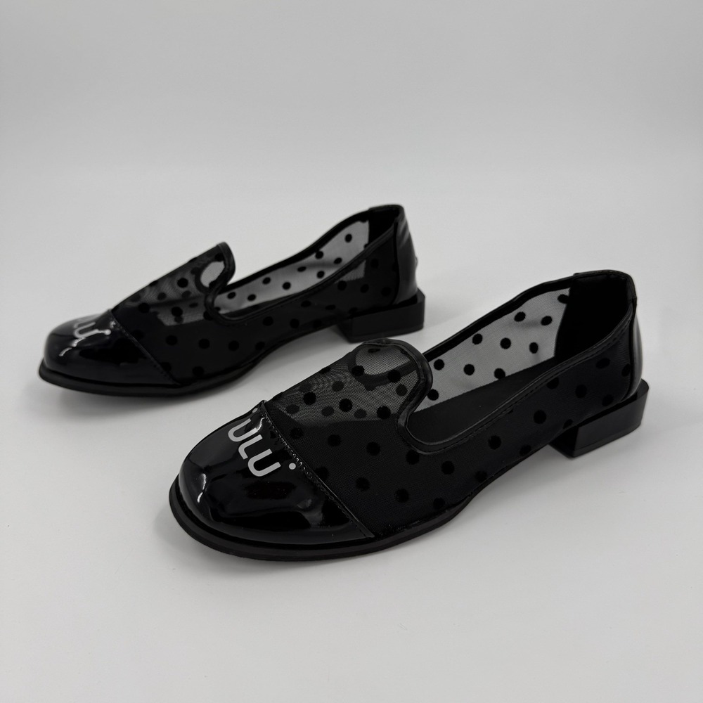ULU Women's US 12 EU 43 Black Sheer Mesh Polka Dot Patent Toe Loafers Flats